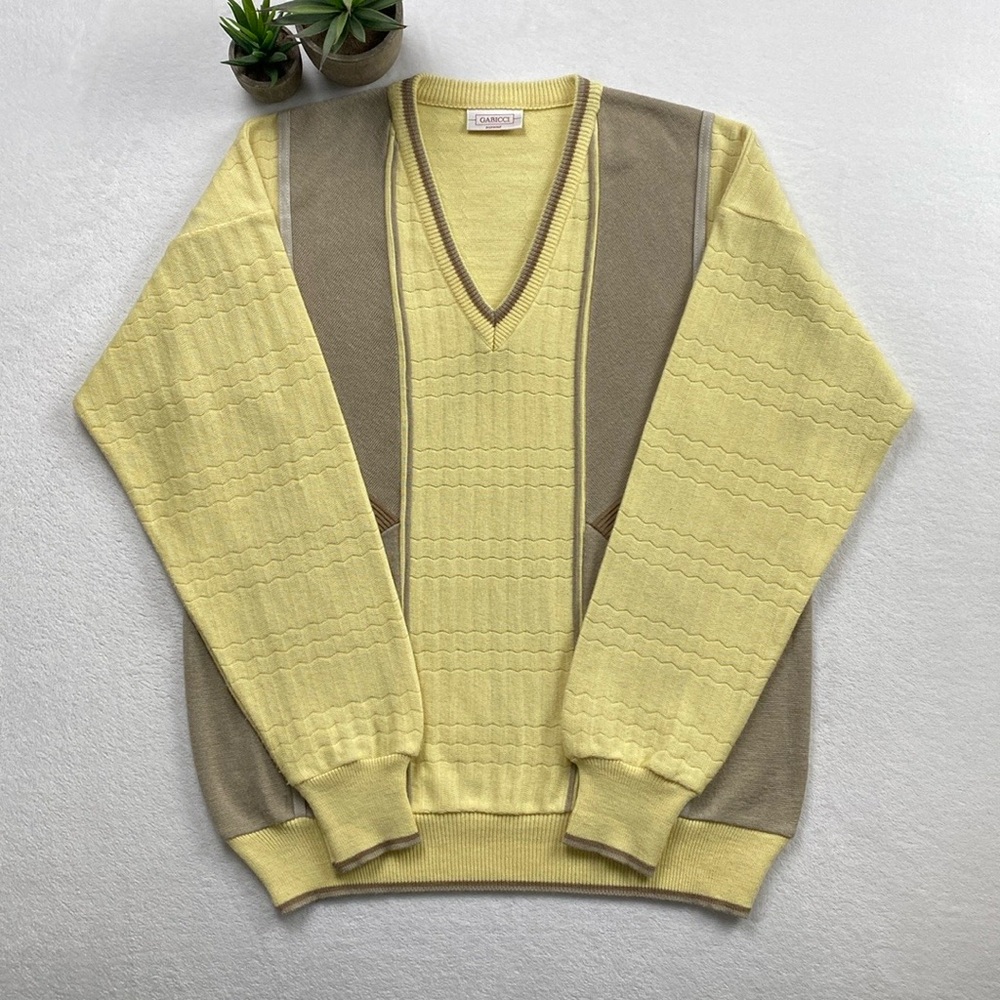 Gabicci Vintage Retro Wool Blend Multi Knit Patterned LS V Neck Grandpa Sweater